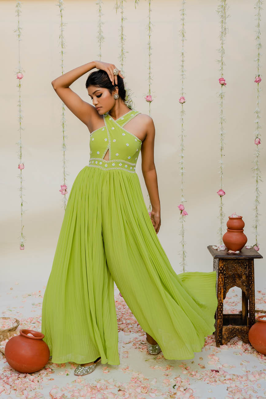 Pleated Embroidered Designer Green Jumpsuits